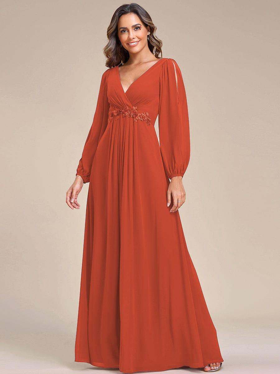 ever AMOUR|Lantern Long Slit Sleeve Deep V Applique Maxi Evening Dress