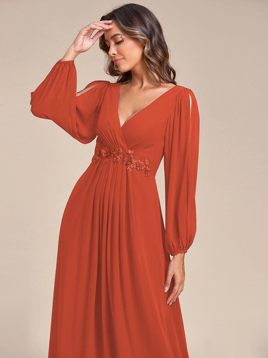 ever AMOUR|Lantern Long Slit Sleeve Deep V Applique Maxi Evening Dress