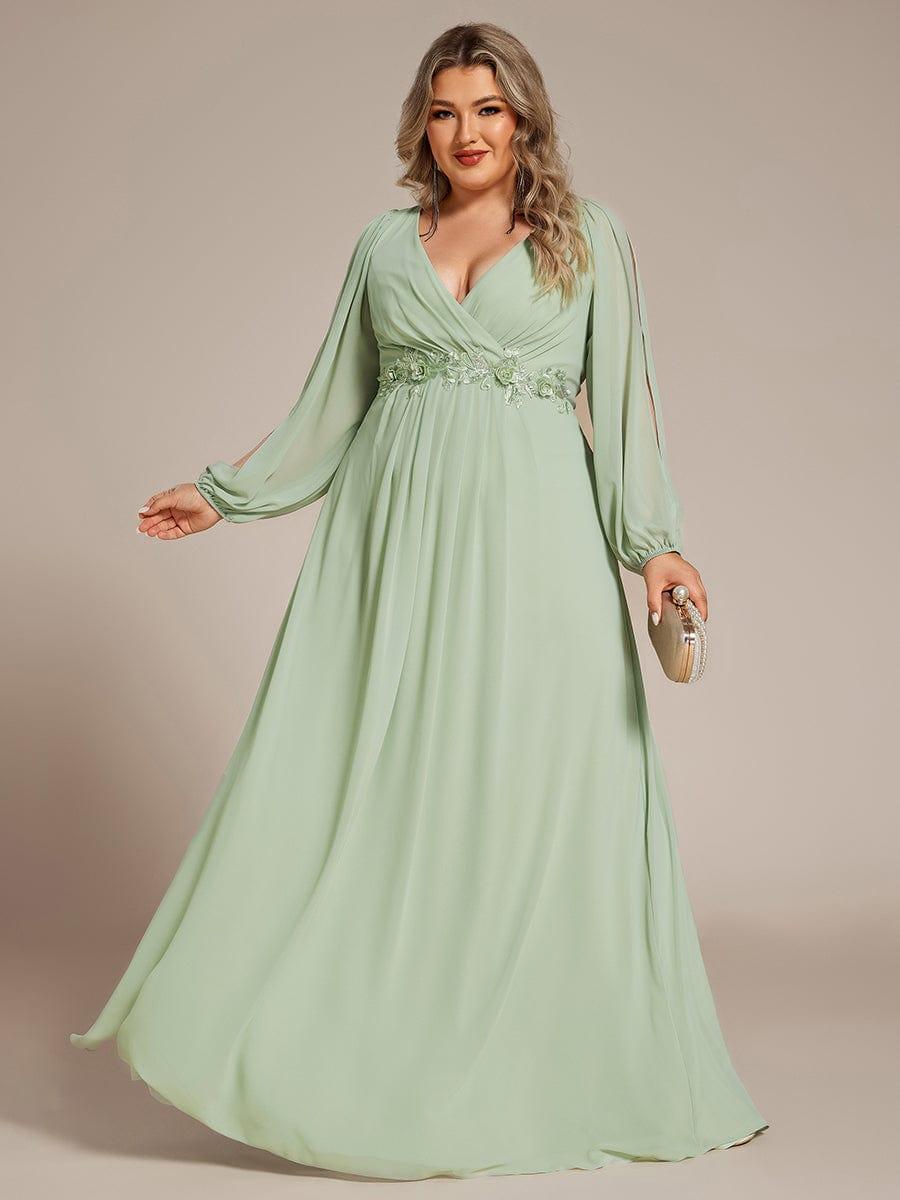 ever AMOUR|Lantern Long Slit Sleeve Deep V Applique Maxi Evening Dress