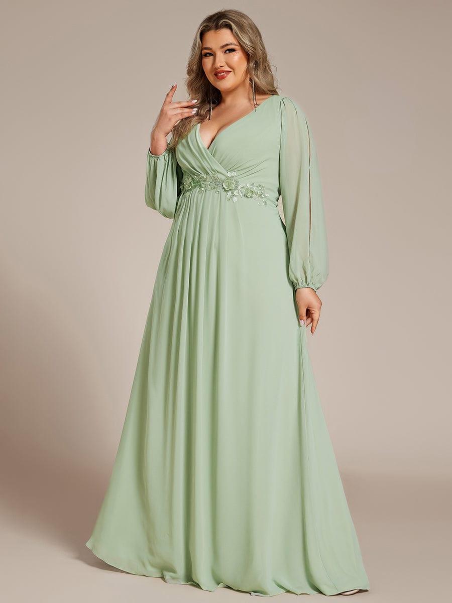 ever AMOUR|Lantern Long Slit Sleeve Deep V Applique Maxi Evening Dress