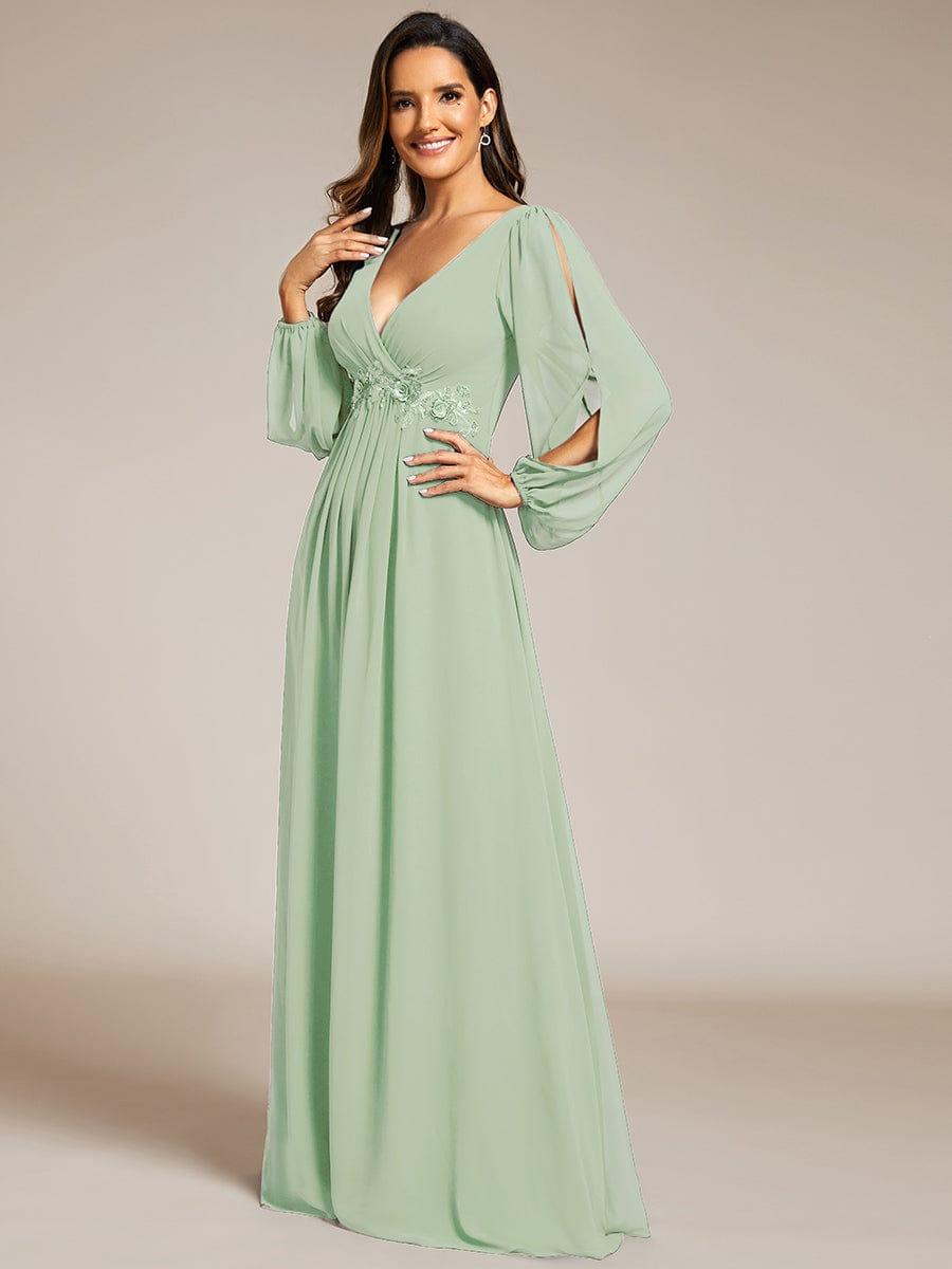 ever AMOUR|Lantern Long Slit Sleeve Deep V Applique Maxi Evening Dress