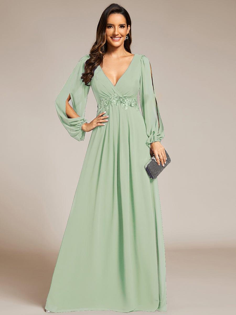 ever AMOUR|Lantern Long Slit Sleeve Deep V Applique Maxi Evening Dress