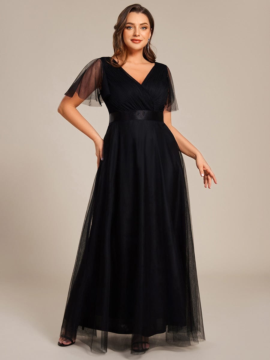 ever MISTE|Double V-Neck Tulle Floor-Length Bridesmaid Dress