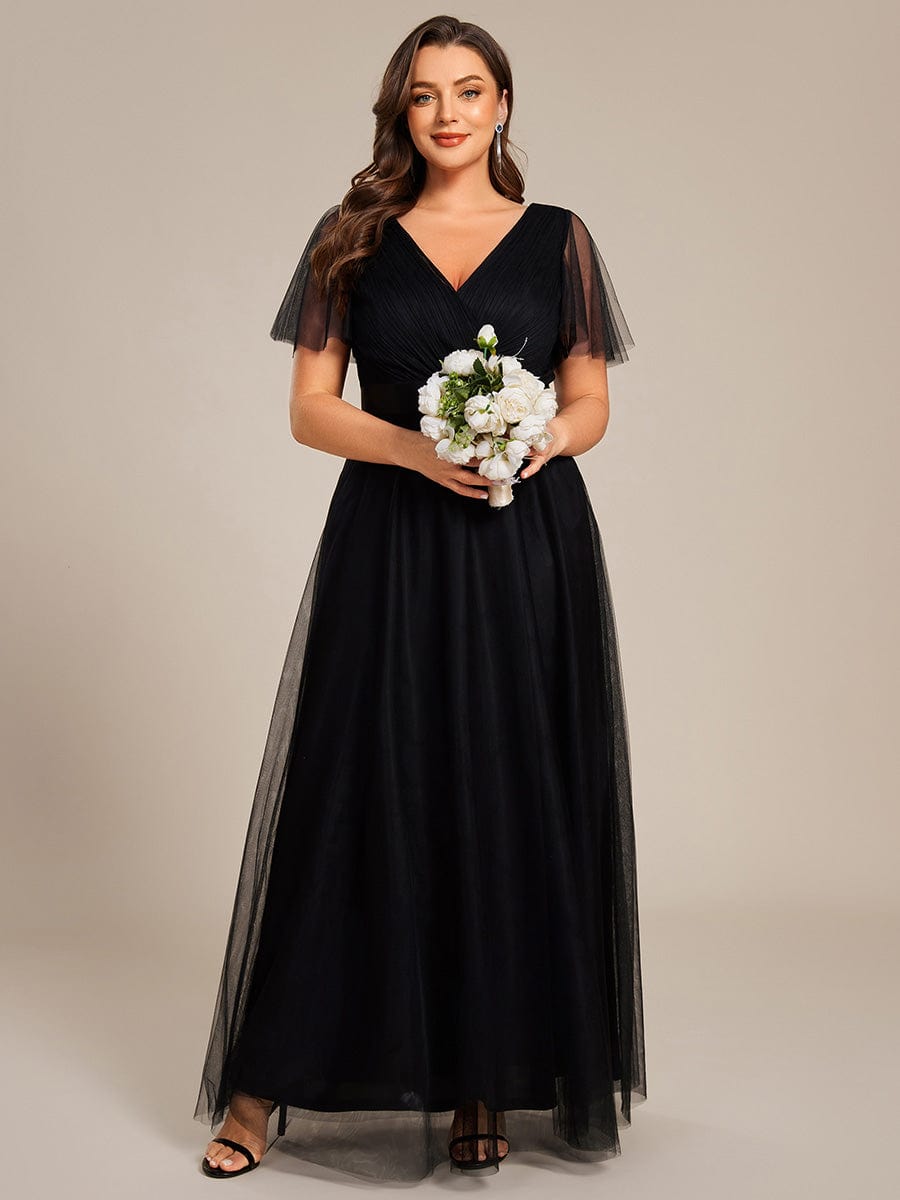 ever MISTE|Double V-Neck Tulle Floor-Length Bridesmaid Dress