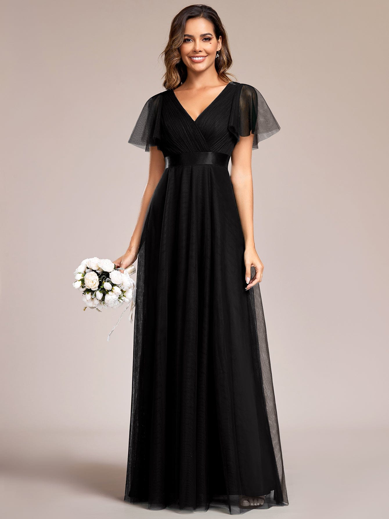 ever MISTE|Double V-Neck Tulle Floor-Length Bridesmaid Dress