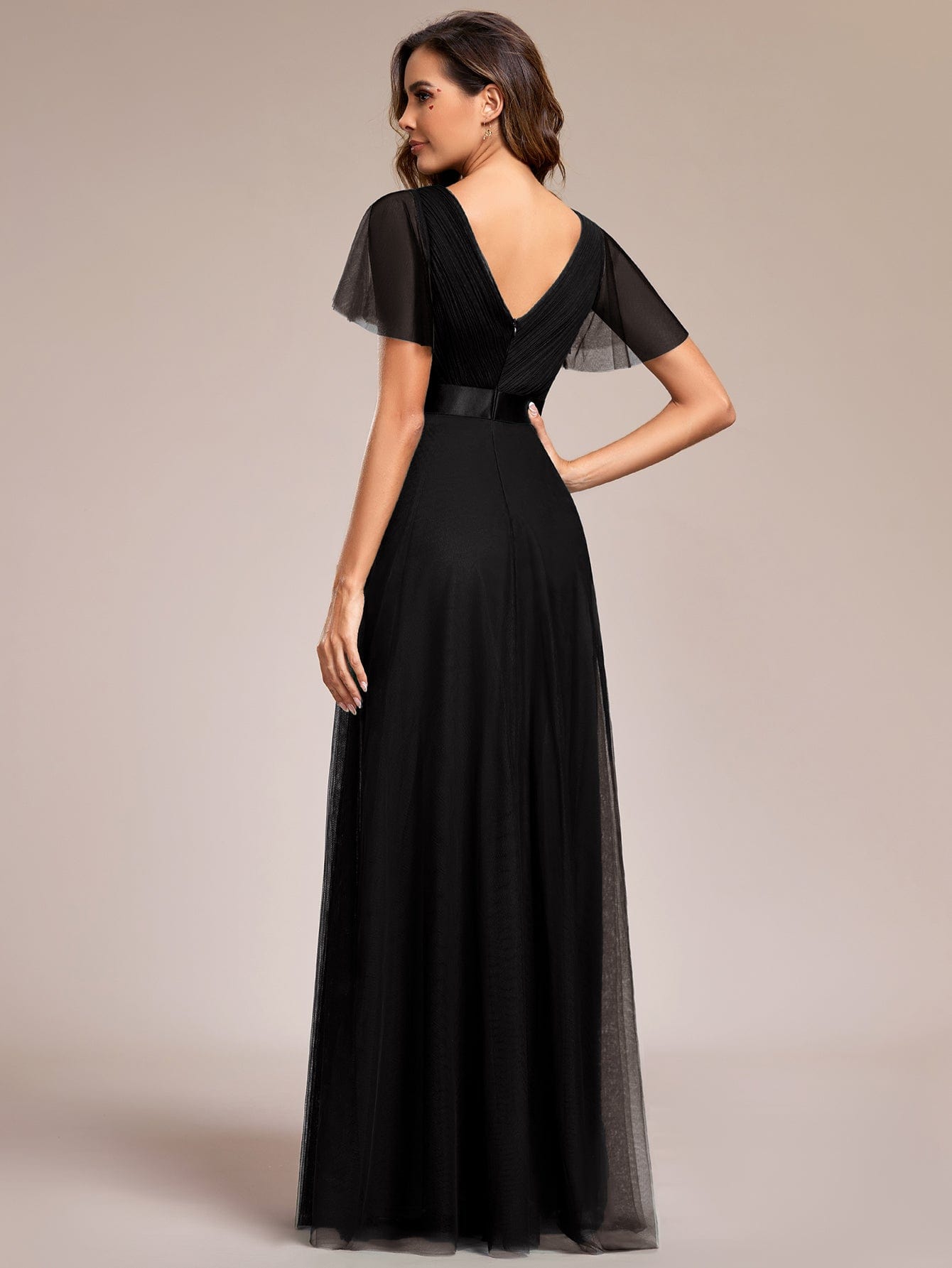 ever MISTE|Double V-Neck Tulle Floor-Length Bridesmaid Dress