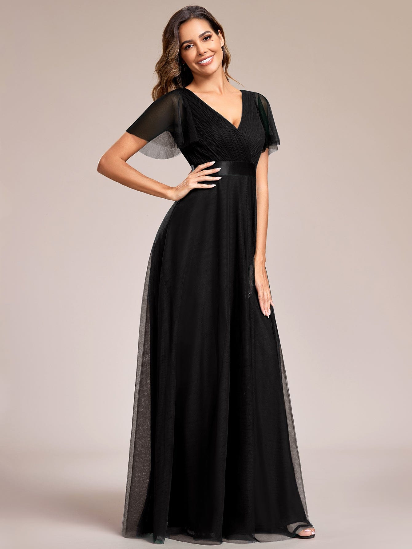 ever MISTE|Double V-Neck Tulle Floor-Length Bridesmaid Dress