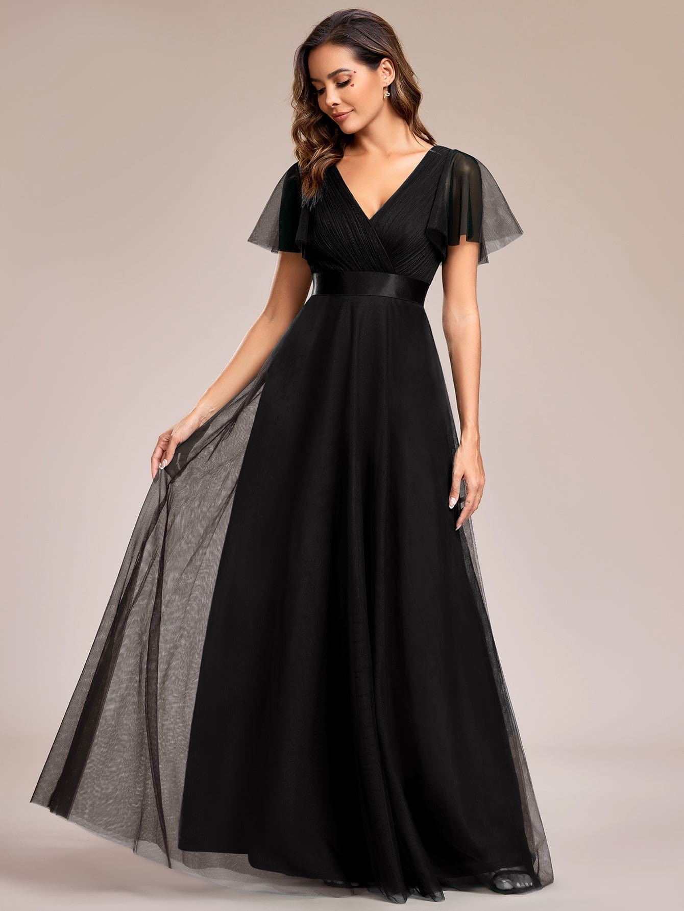 ever MISTE|Double V-Neck Tulle Floor-Length Bridesmaid Dress