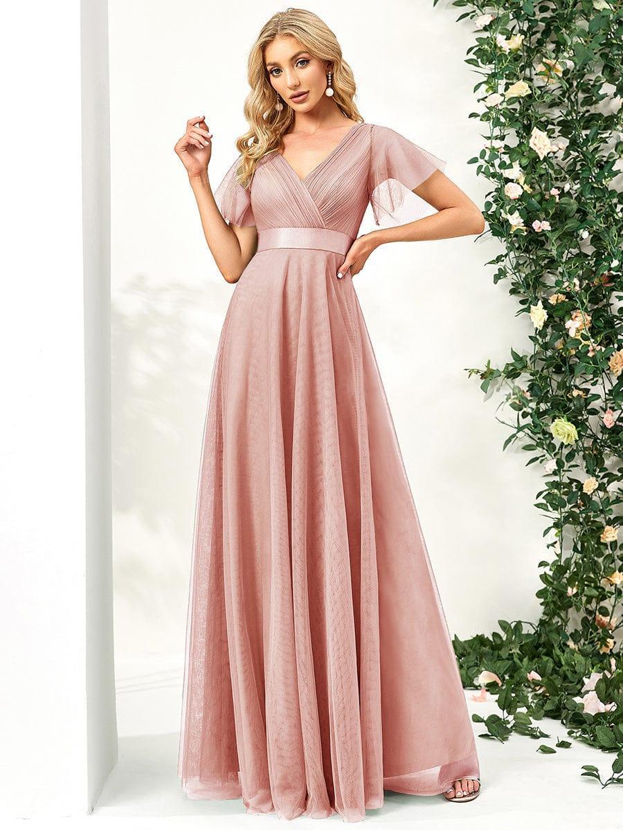 ever MISTE|Double V-Neck Tulle Floor-Length Bridesmaid Dress