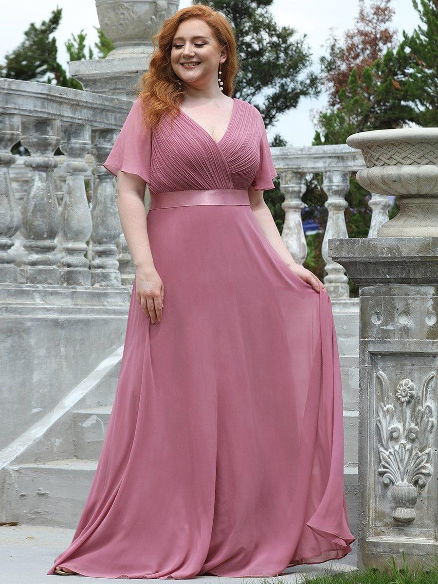 ever MONICA|Long Empire Waist Bridesmaid Dress with Short Flutter Sleeves