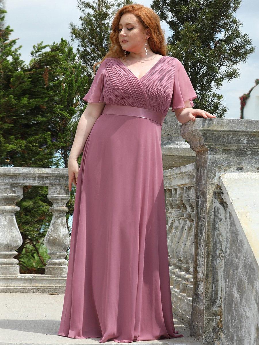 ever MONICA|Long Empire Waist Bridesmaid Dress with Short Flutter Sleeves