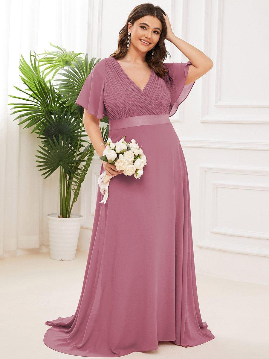 ever MONICA|Long Empire Waist Bridesmaid Dress with Short Flutter Sleeves