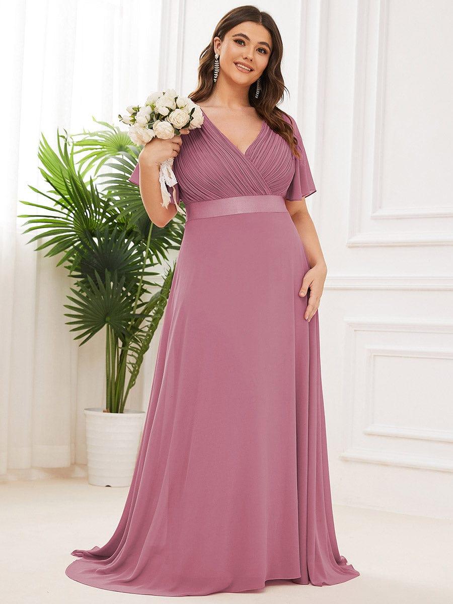 ever MONICA|Long Empire Waist Bridesmaid Dress with Short Flutter Sleeves