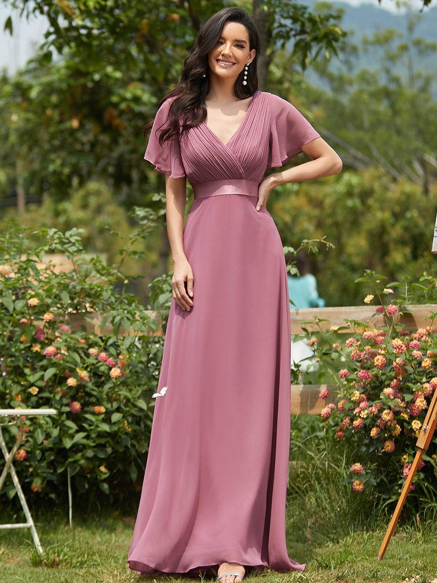 ever MONICA|Long Empire Waist Bridesmaid Dress with Short Flutter Sleeves