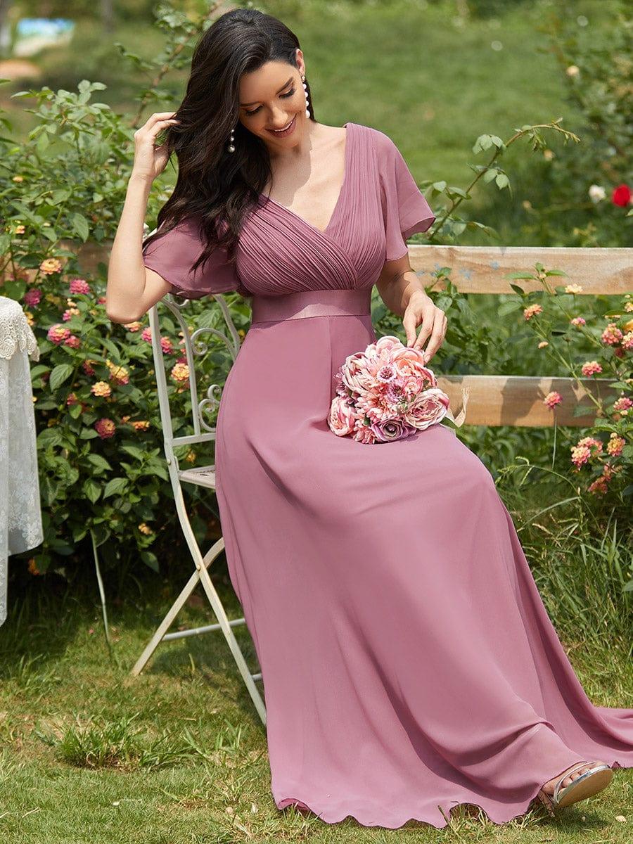 ever MONICA|Long Empire Waist Bridesmaid Dress with Short Flutter Sleeves