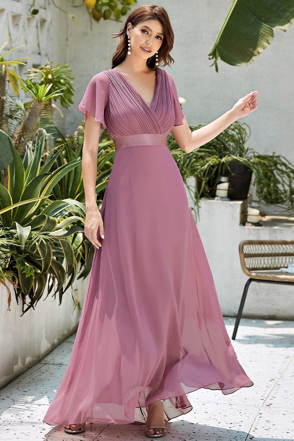 ever MONICA|Long Empire Waist Bridesmaid Dress with Short Flutter Sleeves
