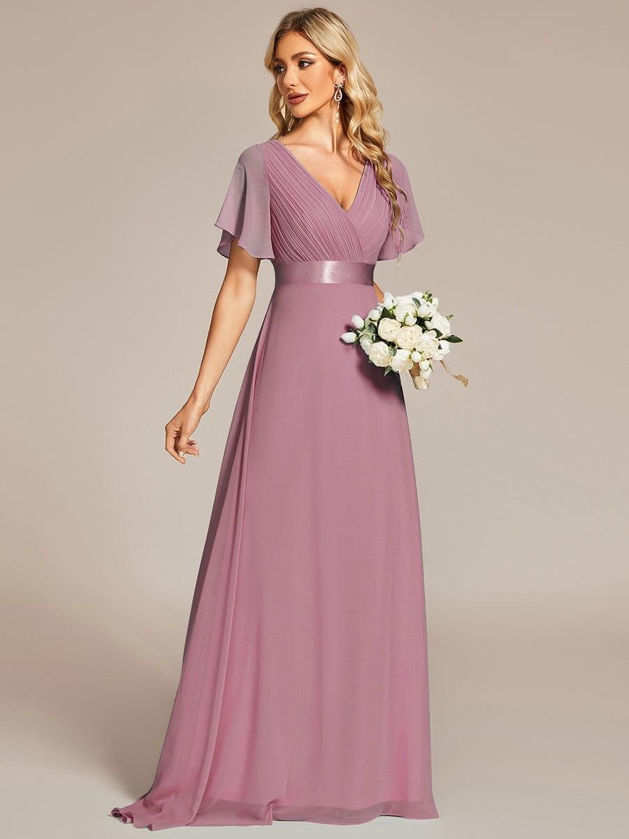 ever MONICA|Long Empire Waist Bridesmaid Dress with Short Flutter Sleeves