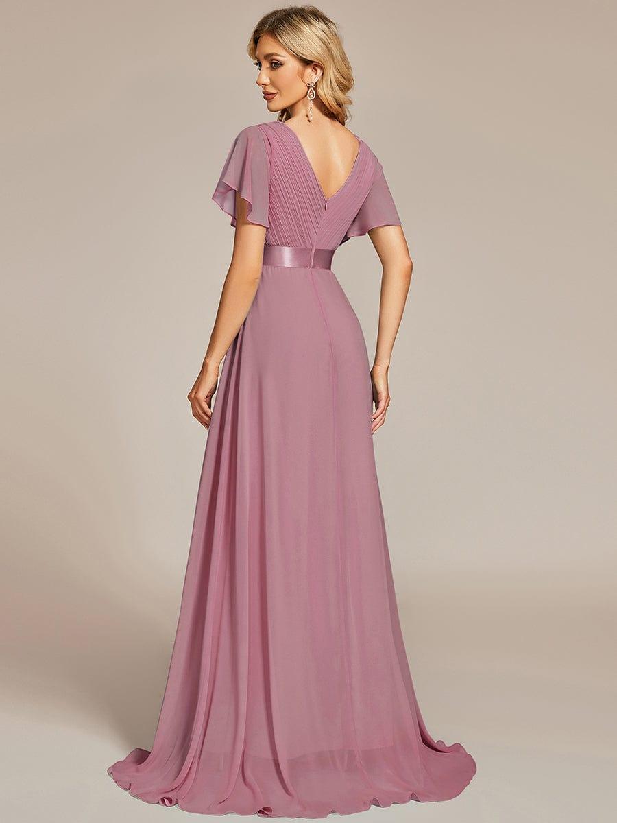 ever MONICA|Long Empire Waist Bridesmaid Dress with Short Flutter Sleeves