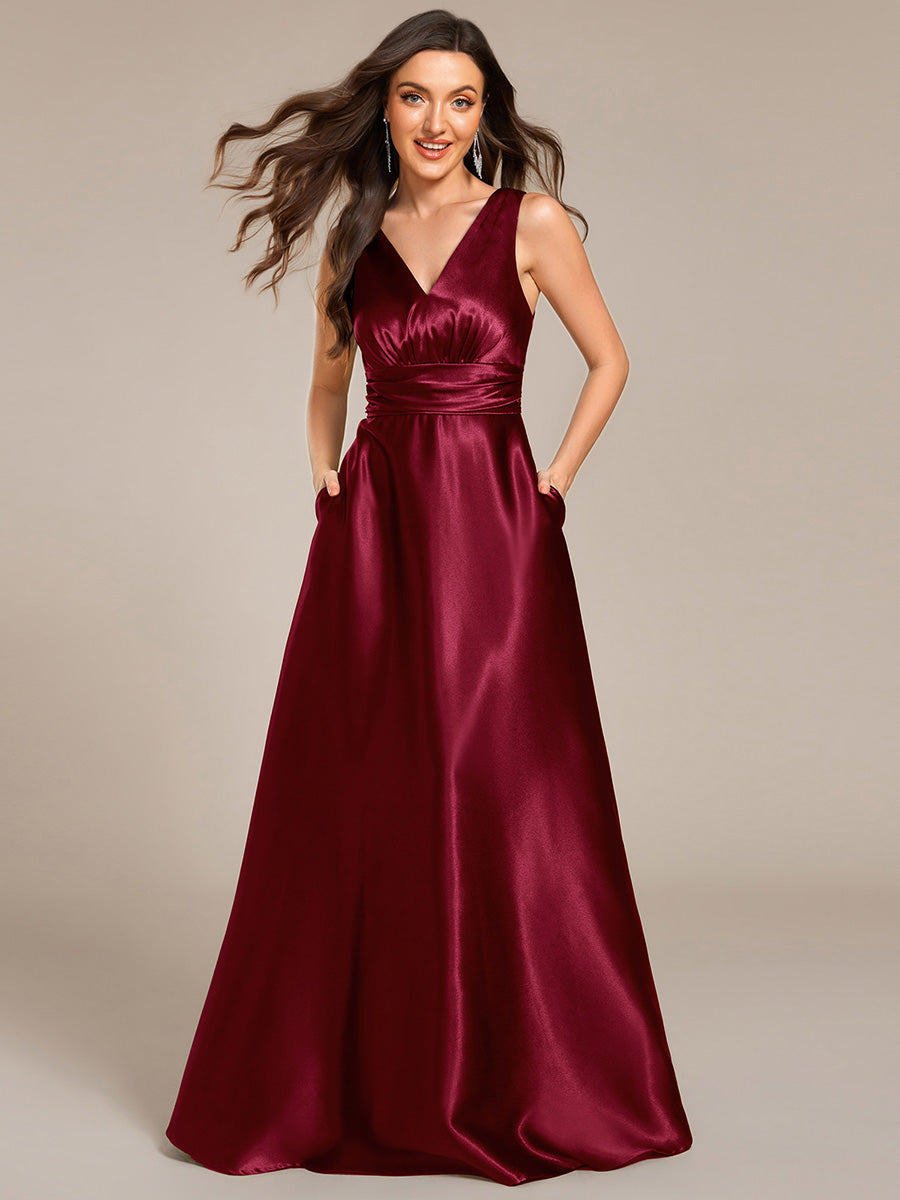 ever INDY|Sleeveless Empire Waist Satin Maxi Bridesmaid Dress With Pockets