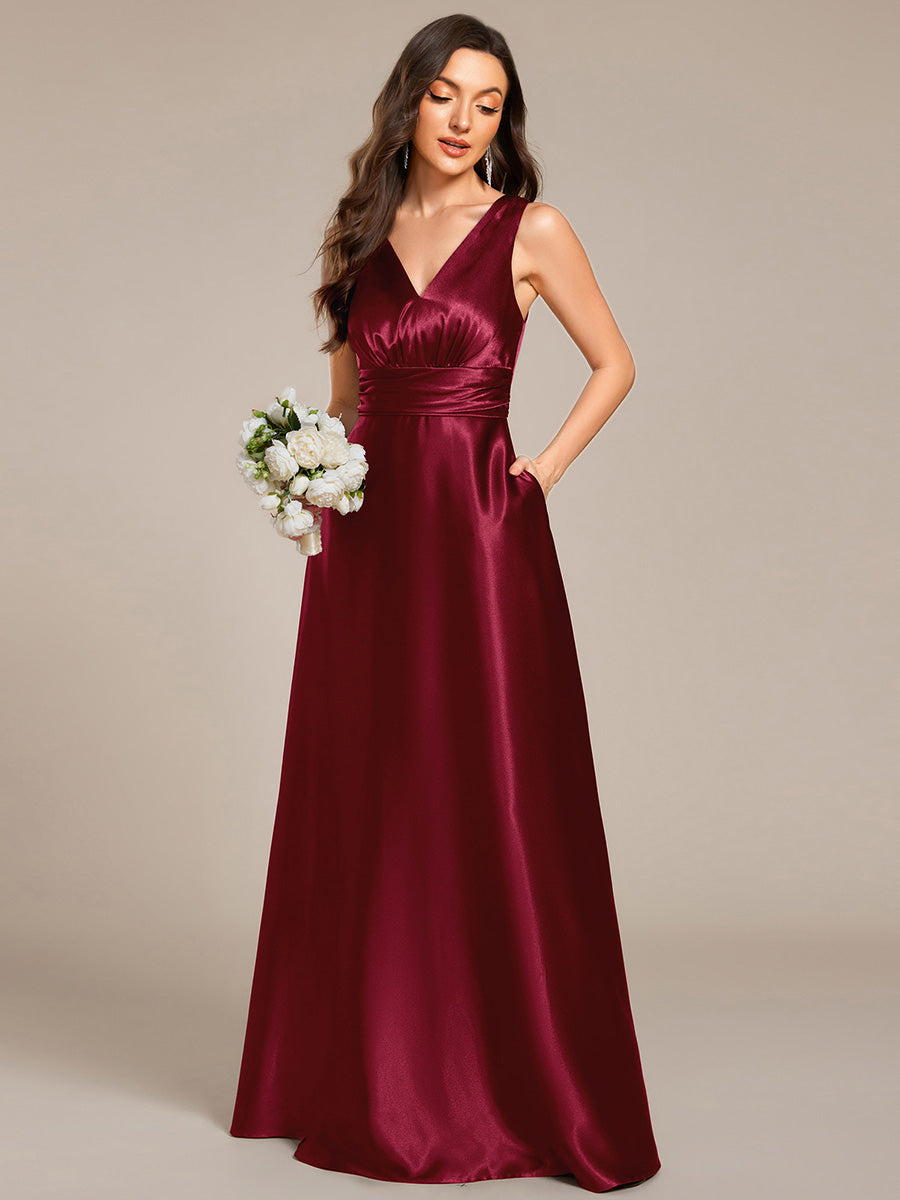 ever INDY|Sleeveless Empire Waist Satin Maxi Bridesmaid Dress With Pockets