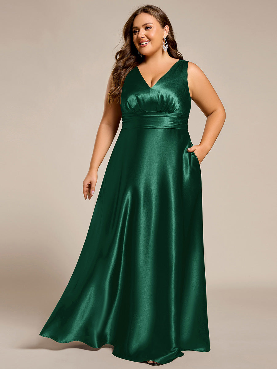 ever INDY|Sleeveless Empire Waist Satin Maxi Bridesmaid Dress With Pockets