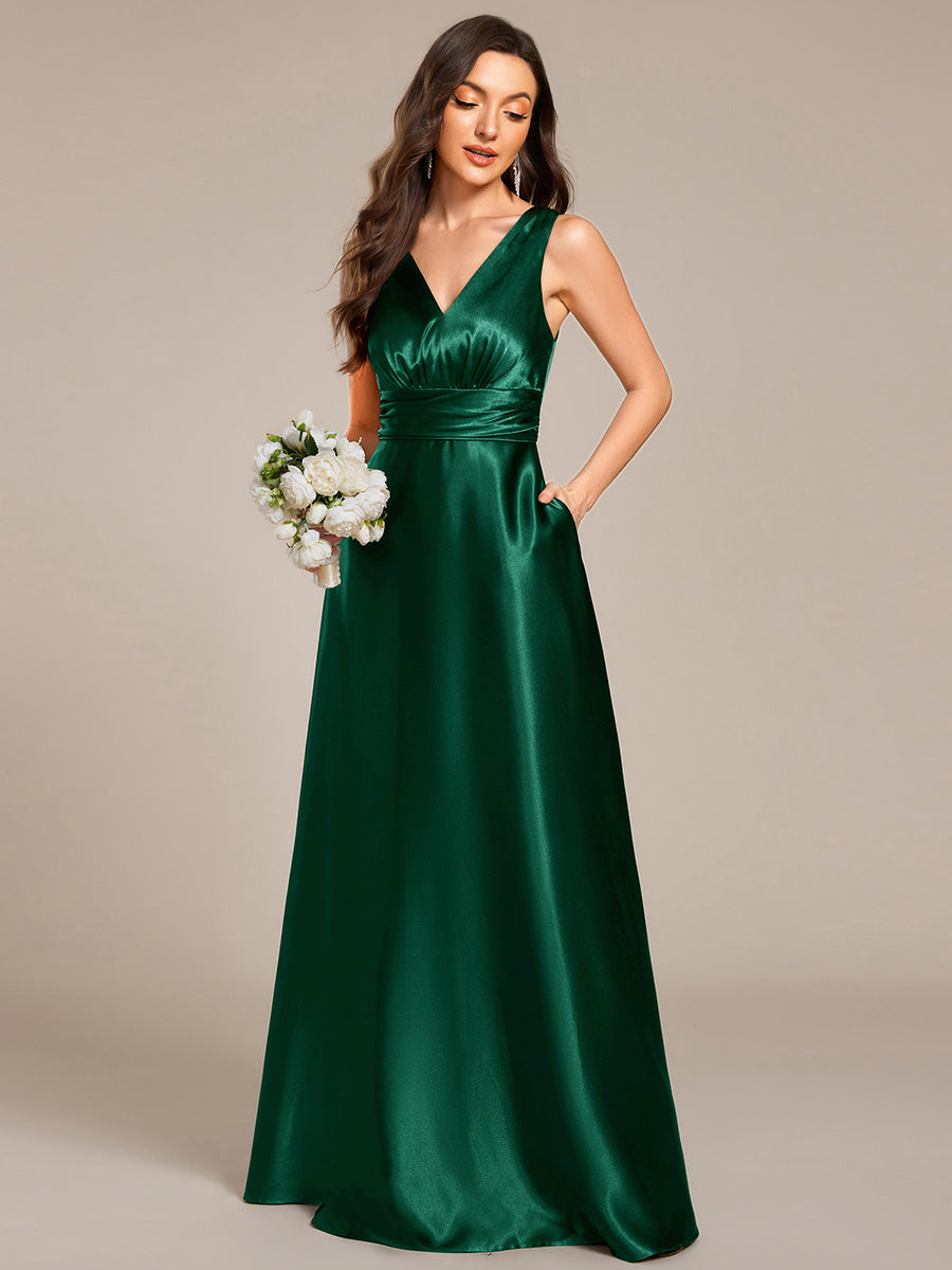 ever INDY|Sleeveless Empire Waist Satin Maxi Bridesmaid Dress With Pockets