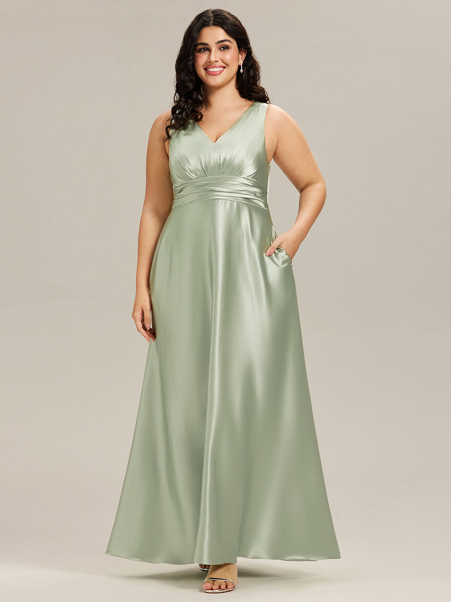 ever INDY|Sleeveless Empire Waist Satin Maxi Bridesmaid Dress With Pockets