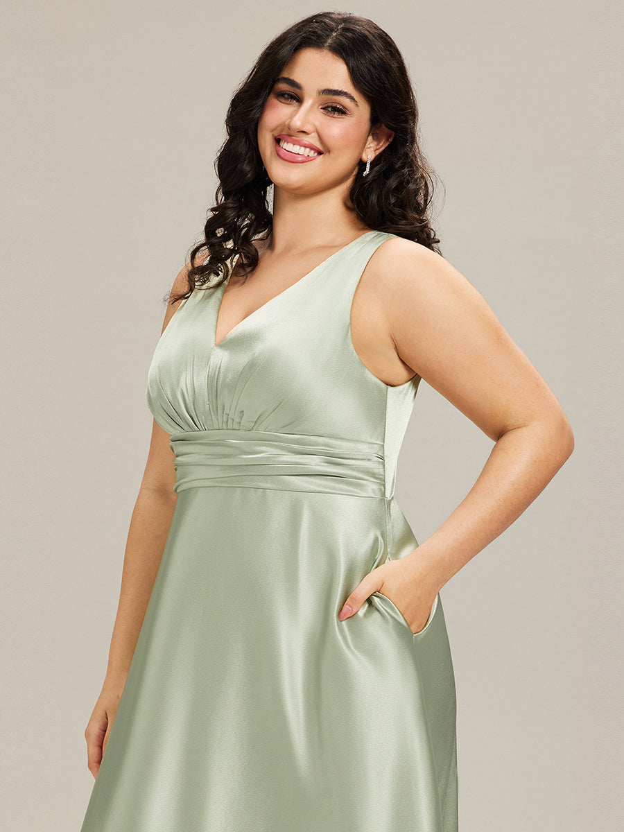 ever INDY|Sleeveless Empire Waist Satin Maxi Bridesmaid Dress With Pockets