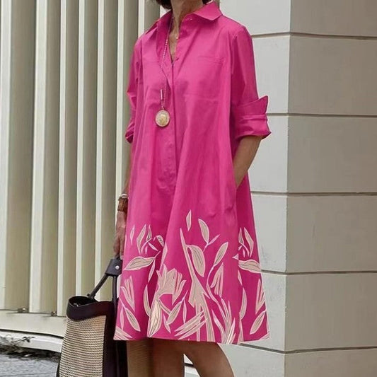 Polka Dot Print Shirt Collar Long Sleeve Pocket Mid-length Dress