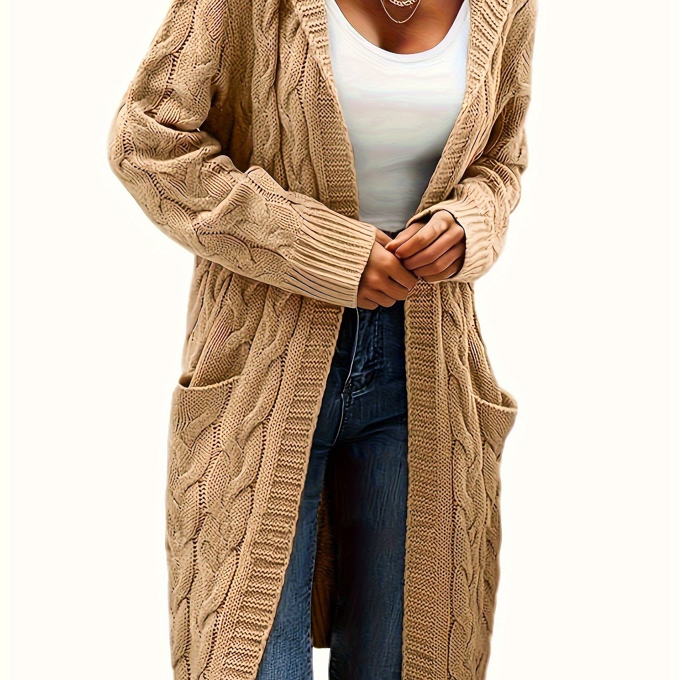 Chic Solid Cable Knit Hooded Cardigan - Cozy Long Sleeve with Practical Pockets, Mid-Length Womens Sweater for Casual Style
