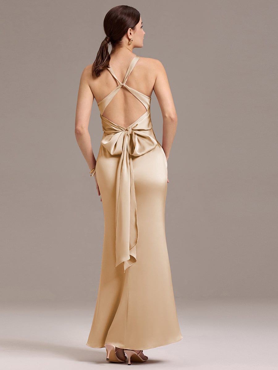 ever MINTA|Knot Front Mermaid Cross Back Bow Tie Satin Maxi Bridesmaid Dress