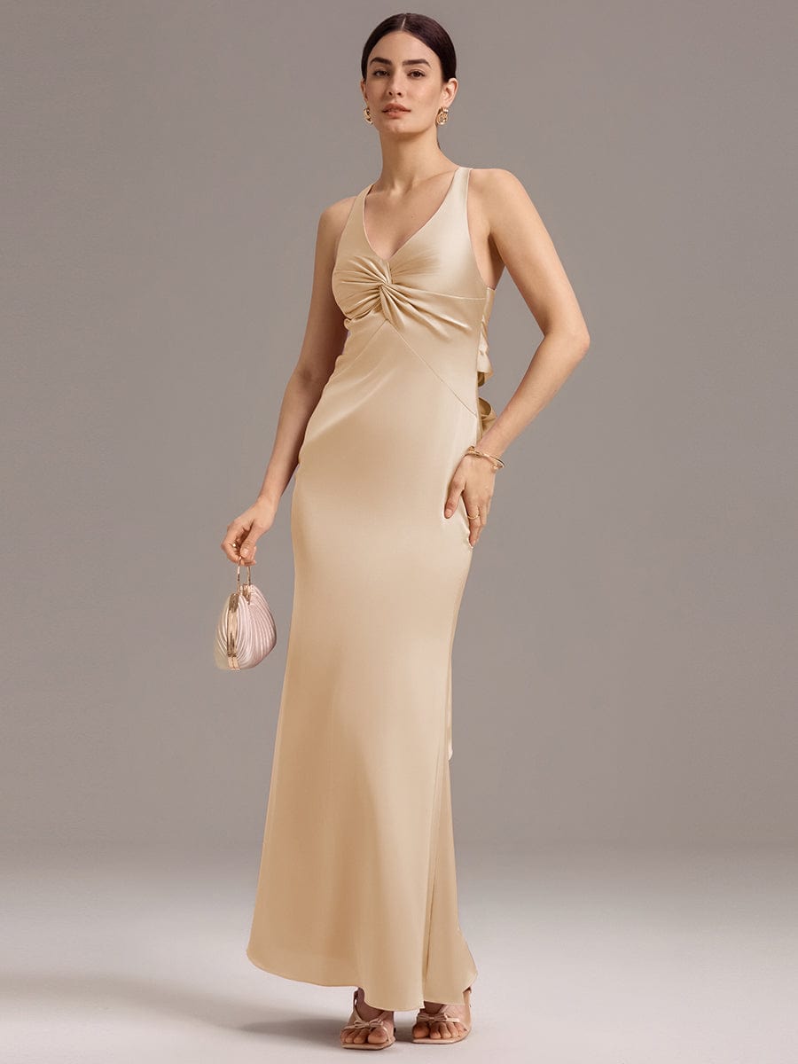 ever MINTA|Knot Front Mermaid Cross Back Bow Tie Satin Maxi Bridesmaid Dress