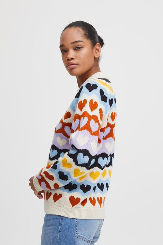 WOMEN'S ICHI ARTHY MULTI HEART KNITTED PULLOVER