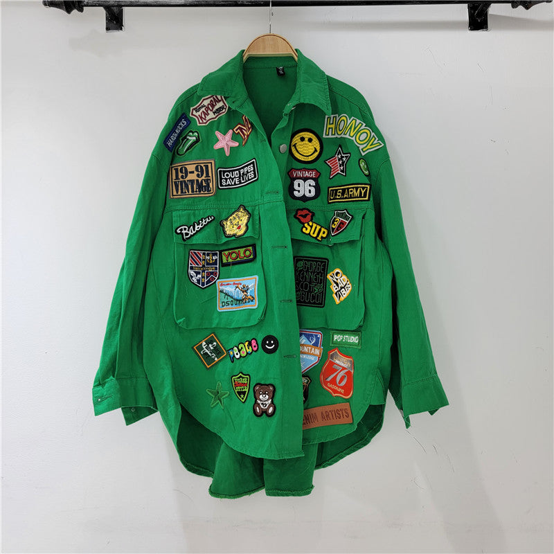 Women's Denim Vintage Badges Shirt Jacket